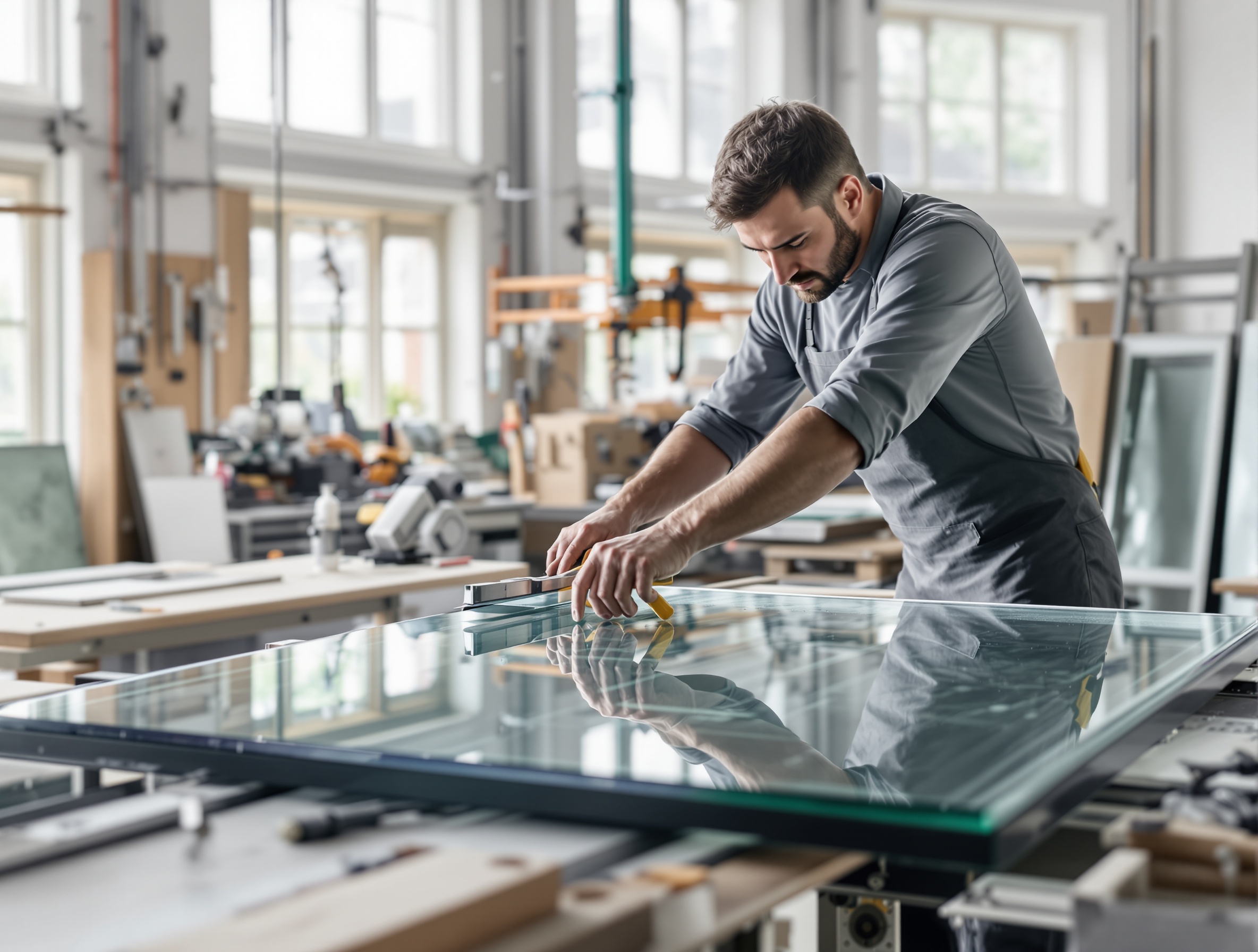 Façonnage de verre sur mesure en atelier de miroiterie